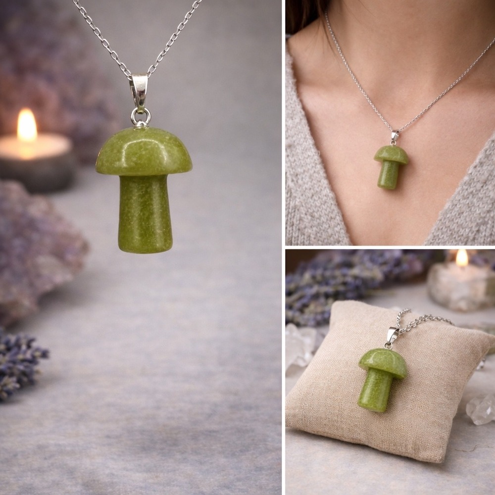 Serpentine Mushroom Pendant Necklace Boho Witchy Crystal Jewelry‎